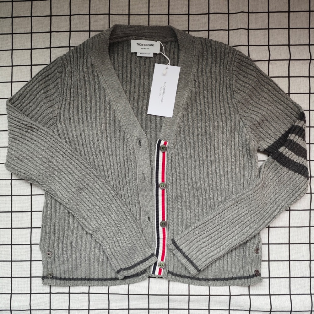 Thom Browne Grey Ribbed Cardigan with Red-White-Blue Stripe